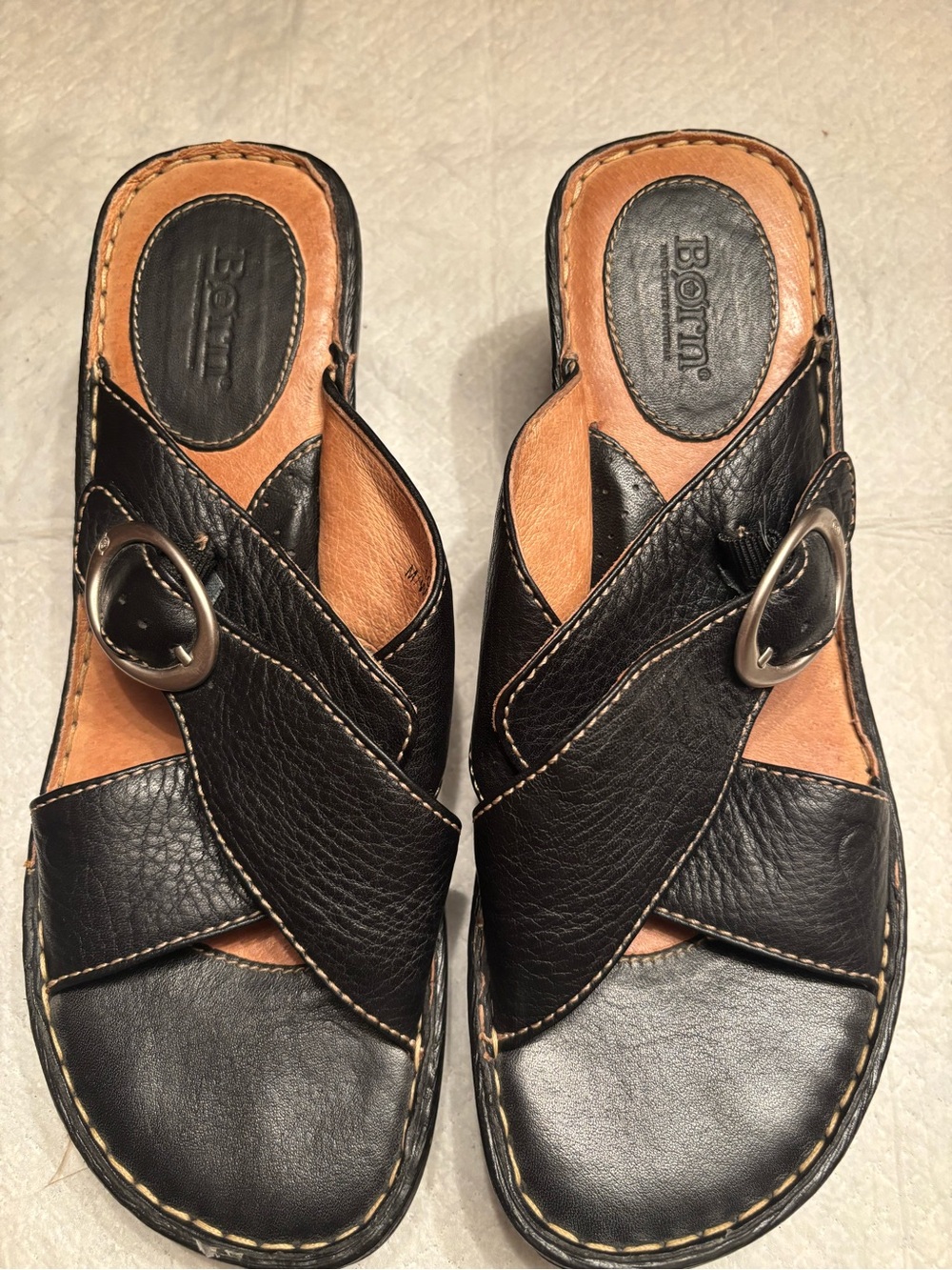 Born Men’s Black Leather Slide Sandals with Tan Footbed and Buckle